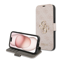 Guess 4G Big Metal Logo Book Wallet Klapphülle für Apple iPhone 15 - Rosa