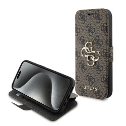 Guess 4G Big Metal Logo Book Wallet Klapphülle für Apple iPhone 15 Pro - Braun