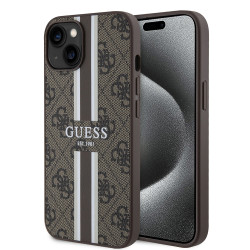 Guess 4G Printed Stripes Hard Case Back Cover Hülle mit MagSafe für Apple iPhone 15 - Braun