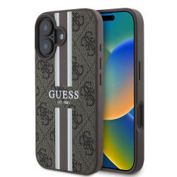 Guess 4G Printed Stripes Hard Case Back Cover Hülle mit MagSafe für Apple iPhone 16 - Braun
