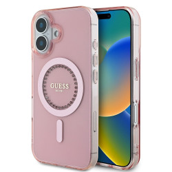 Guess IML Rhinestones Back Cover Hülle mit MagSafe für Apple iPhone 16 Plus - Rosa