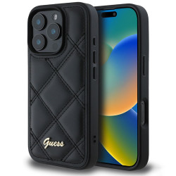 Guess Quilted Puffed Metal Logo Back Cover Hülle für Apple iPhone 16 Pro - Schwarz