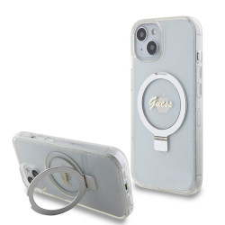 Guess Ring Stand Script Glitter Back Cover Hülle mit MagSafe für Apple iPhone 15 - Transparent