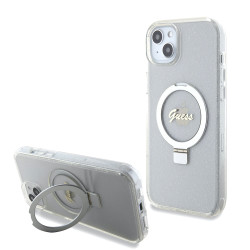Guess Ring Stand Script Glitter Back Cover Hülle mit MagSafe für Apple iPhone 15 Plus - Transparent