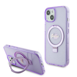 Guess Ring Stand Script Glitter Back Cover Hülle mit MagSafe für Apple iPhone 15 Plus - Lila