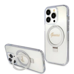 Guess Ring Stand Script Glitter Back Cover Hülle mit MagSafe für Apple iPhone 15 Pro - Transparent
