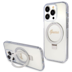 Guess Ring Stand Script Glitter Back Cover Hülle mit MagSafe für Apple iPhone 15 Pro Max - Transparent
