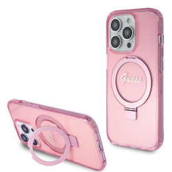 Guess Ring Stand Script Glitter Back Cover Hülle mit MagSafe für Apple iPhone 15 Pro - Rosa