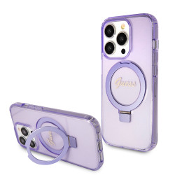 Guess Ring Stand Script Glitter Back Cover Hülle mit MagSafe für Apple iPhone 15 Pro - Lila
