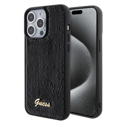 Guess Sequin Script Metal Back Cover Hülle für Apple iPhone 15 Pro Max - Schwarz