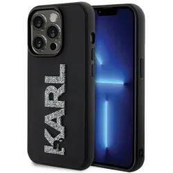 Karl Lagerfeld 3D Rubber Glitter Logo Back Cover Hülle für Apple iPhone 15 Pro Max - Schwarz