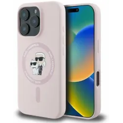 Karl Lagerfeld Silikon Karl & Choupette Heads Ring Back Cover Hülle mit MagSafe für Apple iPhone 16 Pro - Rosa