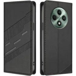 Phonesta Embossed Lines Book Wallet Klapphülle für Oppo Reno12 F/Reno12 FS - Schwarz