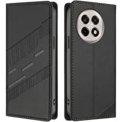 Phonesta Embossed Lines Book Wallet Klapphülle für OnePlus 13R - Schwarz