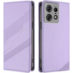 Phonesta Embossed Lines Book Wallet Klapphülle für Motorola Edge 50 Pro - Lila