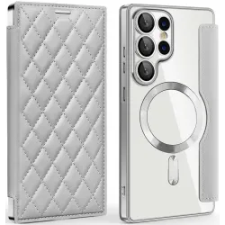 Phonesta Luxury Crystal Puffed Book Wallet Klapphülle mit MagSafe für Samsung Galaxy S25 Ultra - Silber